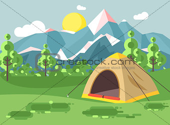 Vector illustration cartoon nature national park landscape with lonely tent camping hiking rules of survival bushes, lawn, trees, daytime sunny day, outdoor background of mountains in flat style