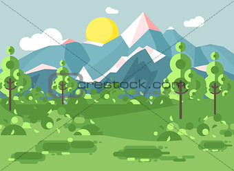 Vector illustration cartoon nature national park landscape with bushes, lawn, trees, daytime sunny day with blue sky and white clouds outdoor background of mountains in flat style