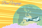 Plane flight travel tourism retro background Bon voyage