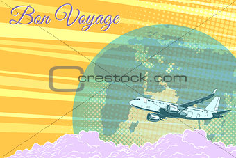 Plane flight travel tourism retro background Bon voyage