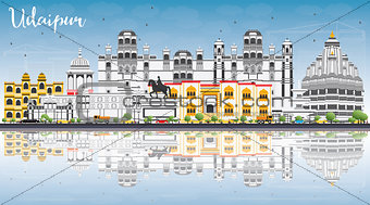 Udaipur Skyline with Color Buildings, Blue Sky and Reflections.
