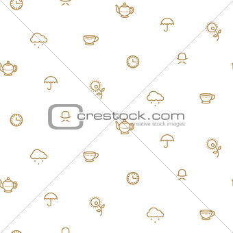 English tea party simple gold on white line vector pattern.