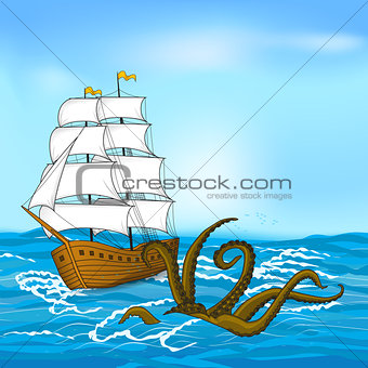 vintage sailing ship and kraken at sea