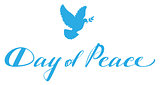 Day of Peace lettering text for greeting card. Blue dove with branch symbol of peace