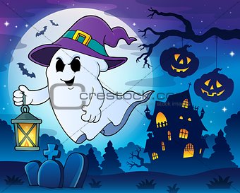 Ghost with hat and lantern theme 3