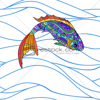 Hand drawn stylized sea fish, zen-doodle style seamless pattern