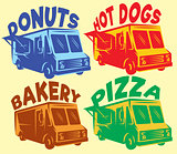 vector set of colored foodtrucks with different inscriptions