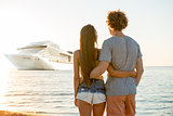 Happy smiling couple who travel by cruiseship. Concept of holiday and summertime