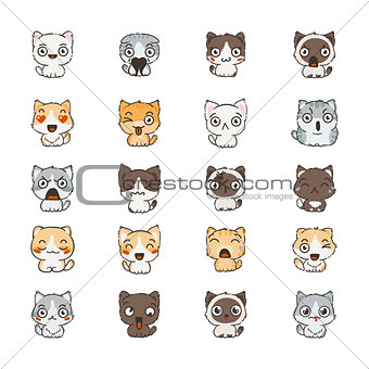 Cute cartoon cats and dogs with different emotions. Sticker collection.