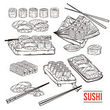 Doodle sushi and rolls on wood. Japanese traditional cuisine dishes set.