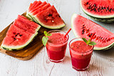 healthy drinks. watermelon smoothie on white wooden background