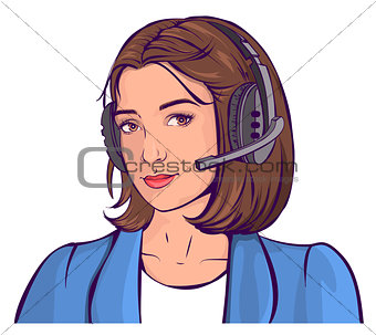 Support service. Beautiful young woman head in headphones