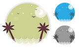 Set palm trees silhouette on island. Round icon of the sea and the waves. Vector illustration.