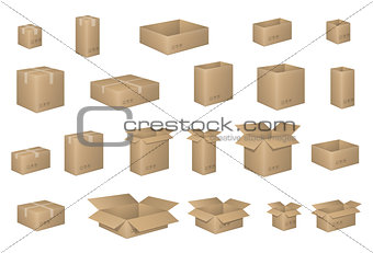 Big Set of isometric cardboard boxes isolated on white. Carton box Organized by layers. Vector illustration of packaging. Delivery packaging open and closed cardboard with fragile signs.