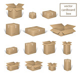 Carton delivery packaging open and closed box, with fragile signs set. Brown box collection, cardboard container isolated on white. vector illustration