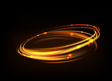 Glowing magic fire ring trace. Vector gold circle light tracing effect. Glitter sparkle swirl trail effect on black background isolated.