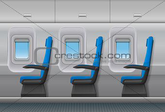 Passenger airplane vector interior. Aircraft indoor cabin with portholes and chairs seats. Vector illustration.