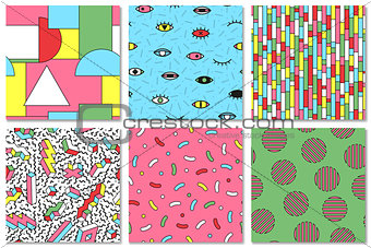 Collection of colorful seamless memphis pattern. Fshion style 80-90s. Good for children design.