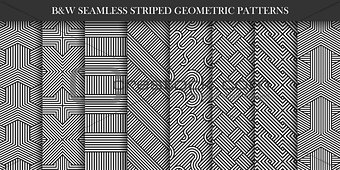Collection of seamless striped patterns. Black and white repeatable geometric texture.