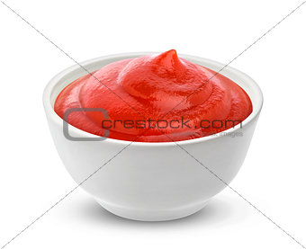 Ketchup in bowl isolated on white background.