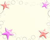 four starfish with bubbles in the corners of the picture on a yellow background