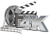 Film reels and movie clapper board. 4K video icon. 3D