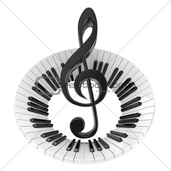 Treble clef in abstract piano keyboard. Symbol of music. 3D