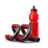Red plastic sport bottles and push-up bars. 3D