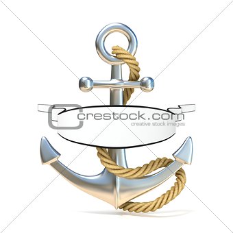 Steel anchor with rope and blank ribbon. 3D