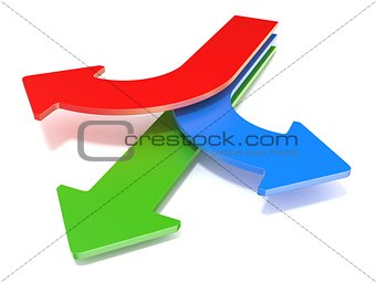 Three way arrows, showing three different directions. Blue left,