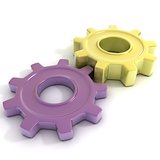 Violet and yellow gear wheels, 3D