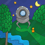 illustration about night landscape, ufo elements