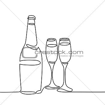 Champagne bottle and two glasses isolated