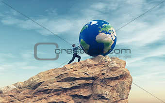 Man pushing a big earth globe 