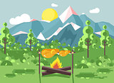 Vector illustration camping on nature, fry chicken meat on open fire bonfire with firewood grill, adventure, park outdoor background of mountains, backdrop trees and sun in flat style