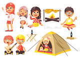 Vector illustration isolated cartoon characters children boy sings playing guitar, girl scouts in tent waving hand sits with fork and knife near fire, fried chicken, white background flat style
