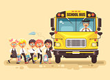 Vector illustration back to school cartoon characters schoolboy schoolgirls pupils apprentices cute cheerful children at bus stop go board school bus with driver on yellow background flat style