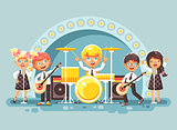 Vector illustration children music band musical group characters schoolboy schoolgirl pupils apprentices play guitars drums sing solo microphone back vocals rock concert on stage in flat style
