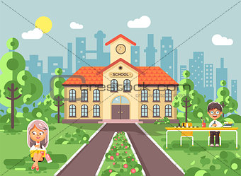 Vector illustration back to school character schoolgirl schoolboy pupil sitting on grass, exterior schoolyard, girl reads book, boy doing homework at table, gymnasium background in flat style