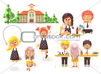 Vector illustration isolated children characters schoolboy schoolgirl pupils apprentices classmates play chess dinner lunch, read book jumping rope school building white background in flat style