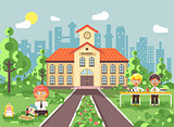 Vector illustration children characters schoolboys pupils apprentices classmates play chess dinner lunch, read book doing homework school building gymnasium for boys background in flat style
