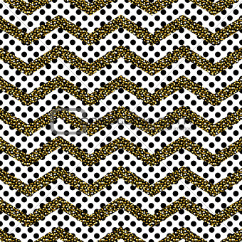 Zigzag angle wave lines with gold glitter seamless vector pattern.