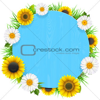 Vector Blue Round Wooden Frame with Flowers