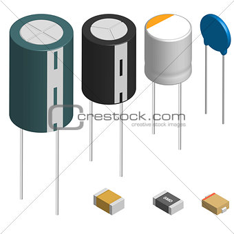 Set of different capacitors in 3D, vector illustration.