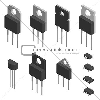 Set of different transistors in 3D, vector illustration.