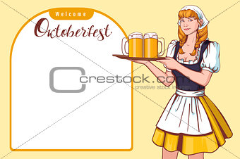 Beautiful young woman waiter holding tray with beer. Welcome Oktoberfest German beer festival