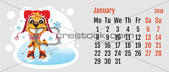 2018 year of yellow dog on Chinese calendar. Fun dog skier. Calendar grid month January