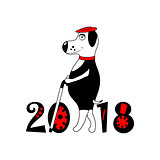 Dog with hat and cane as symbol 2018. isolated. vector.