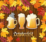 Oktoberfest .Traditional German autumn festival of beer background.Three mugs of beer on a wooden background with frame of autumn leaves. Cartoon style vector illustration