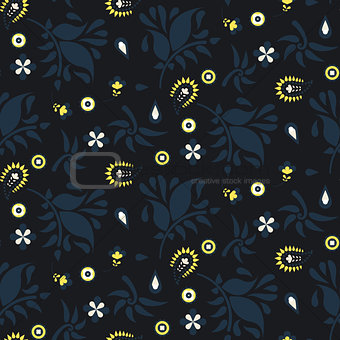Floral paisley dark blue vector pattern.